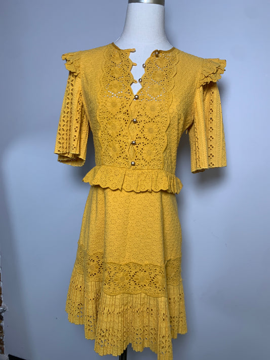 Women Size S Saylor Mustard Yellow Eyelet Dress