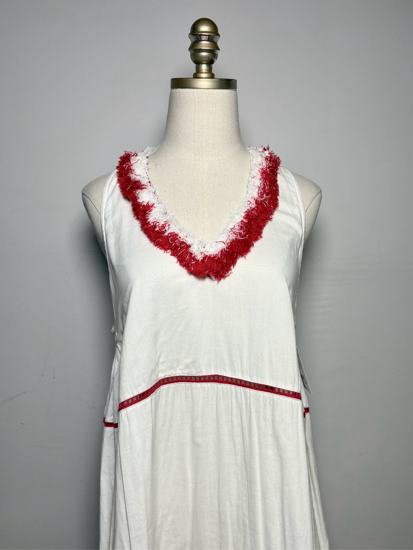 Women's Size M Rae Feather White & Red Embroidered Cutout Cotton Pre-Owned Tiered Maxi Dress