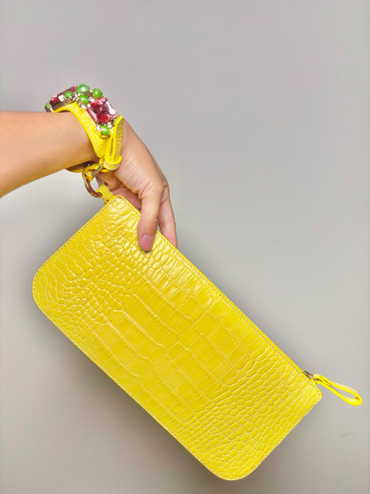 Valentino Croc Embossed Leather Yellow Cowhide Clutch Purse