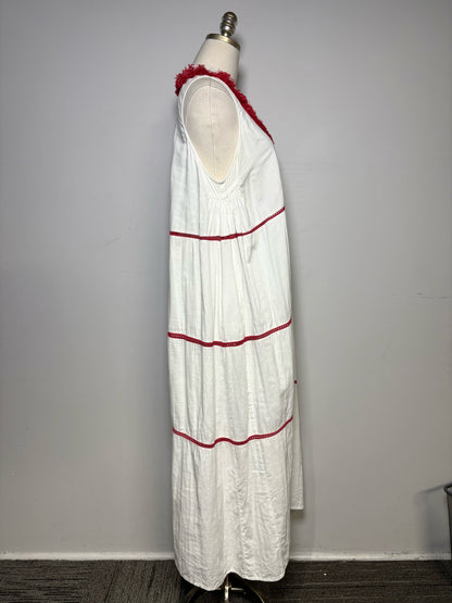 Women's Size M Rae Feather White & Red Embroidered Cutout Cotton Pre-Owned Tiered Maxi Dress