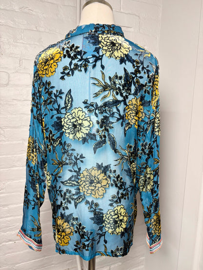 Women Size 2 Johnny Was Teal Floral Print Rayon, Silk NWT Shirt