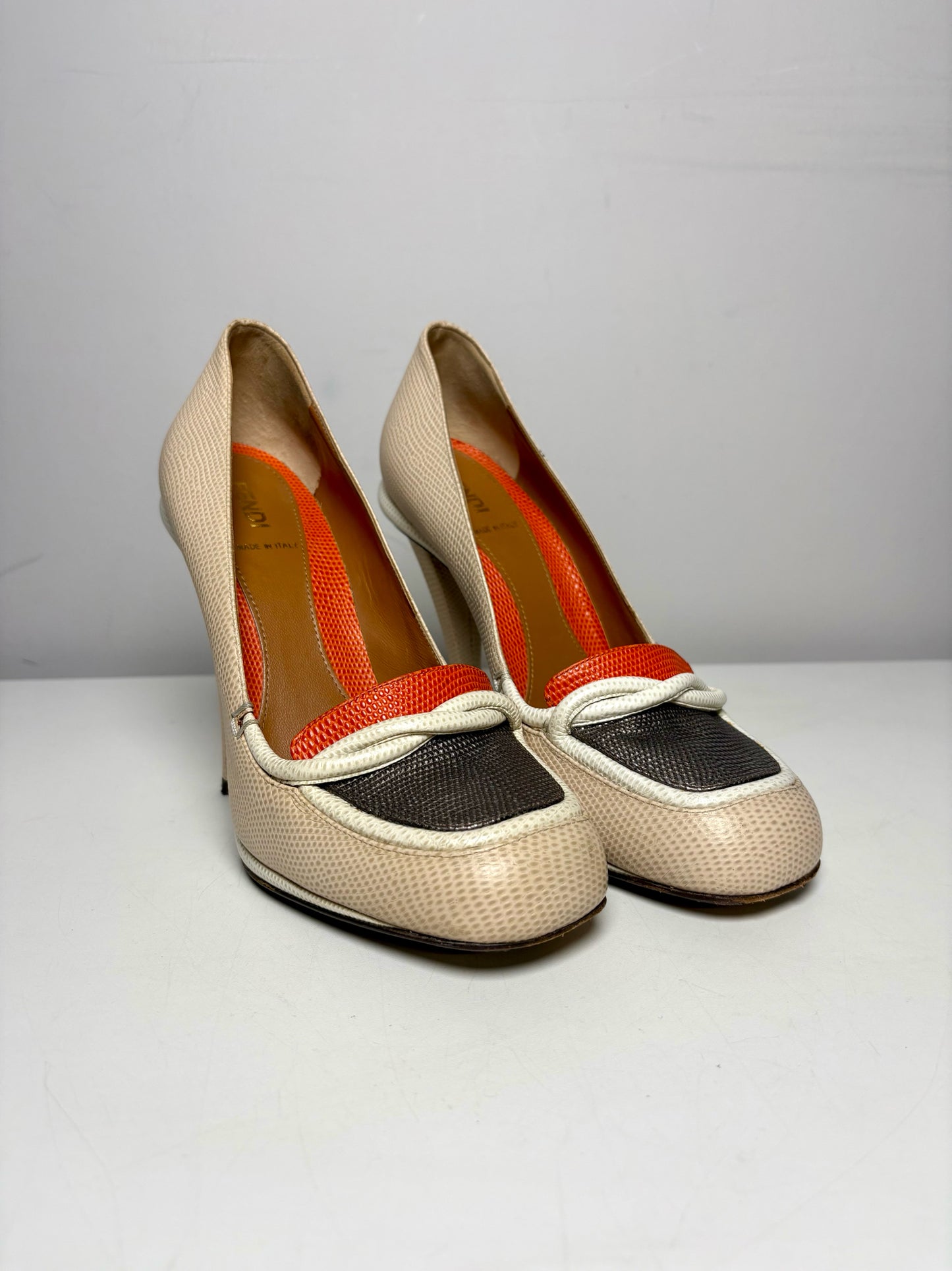 W Shoe Size 38.5 (7.5 US) Fendi Neutrals Lizard Embossed Leather Heels