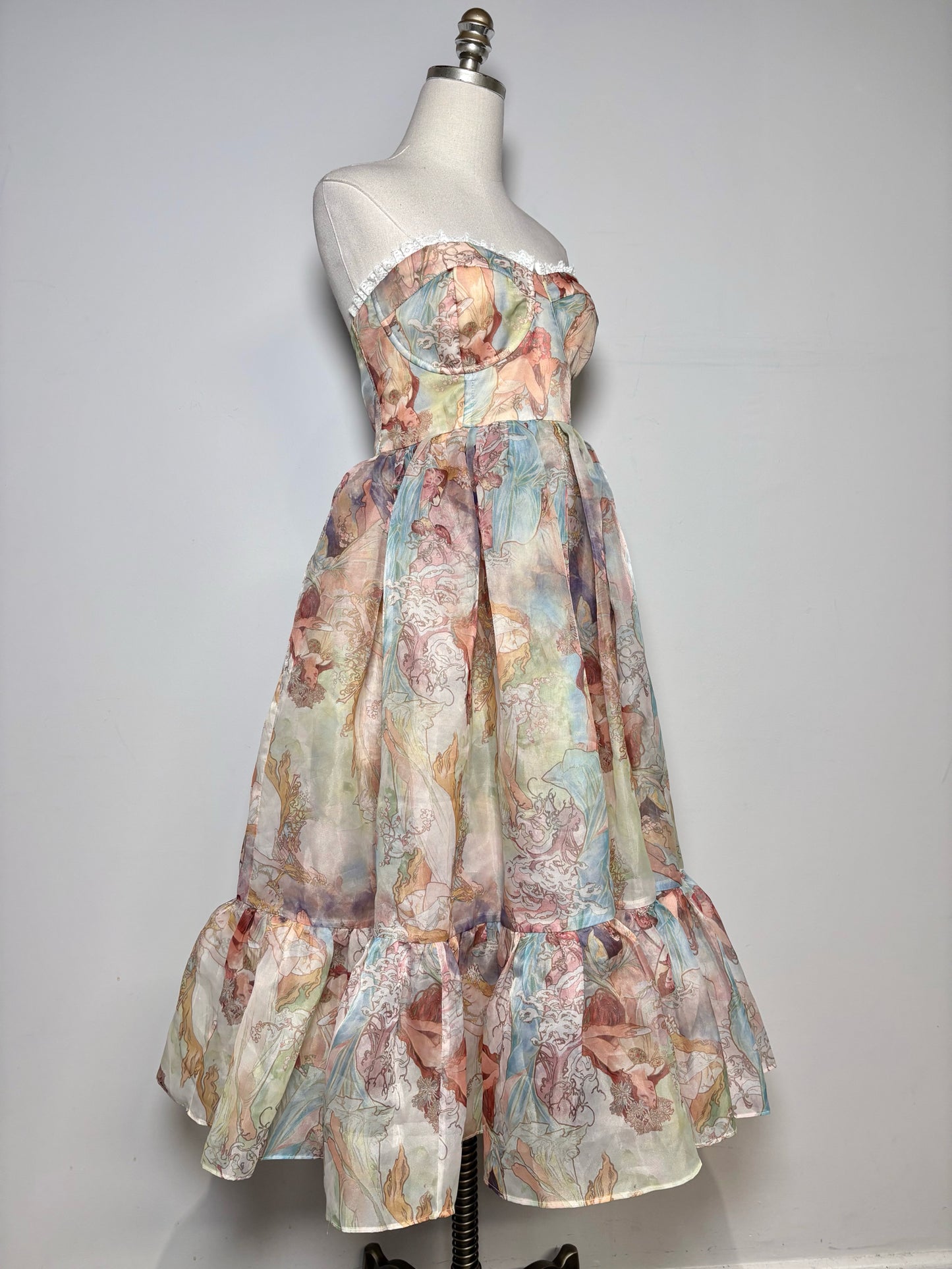 Women Size L Selkie Tan Fairies Print Strapless Pre-owned Dress