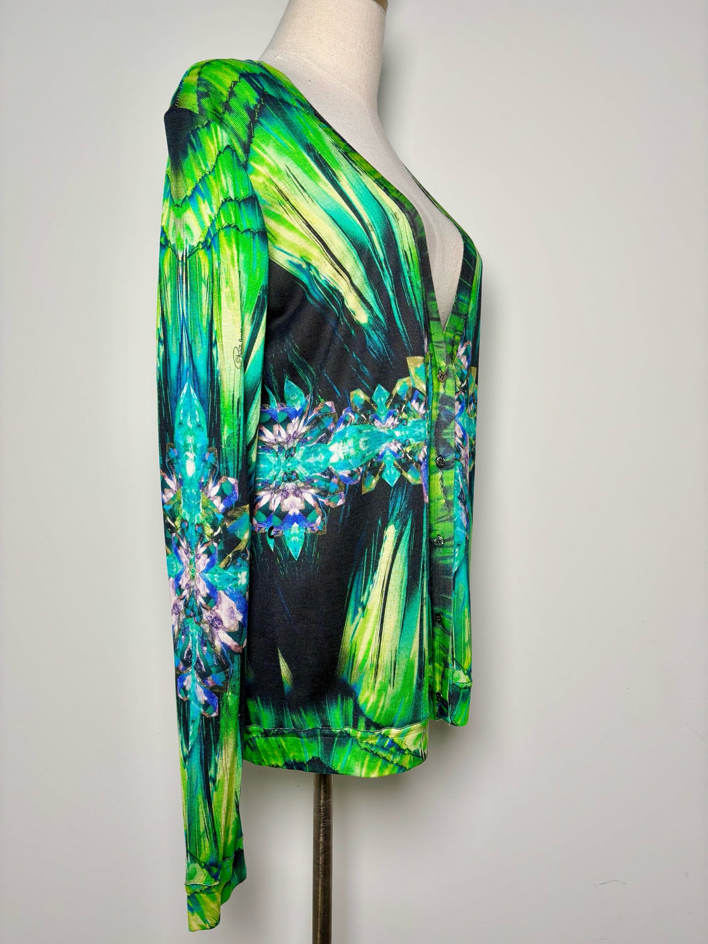 Women Size 46 (10, US) Roberto Cavalli Green, Black, Purple Jewels Print Sweater