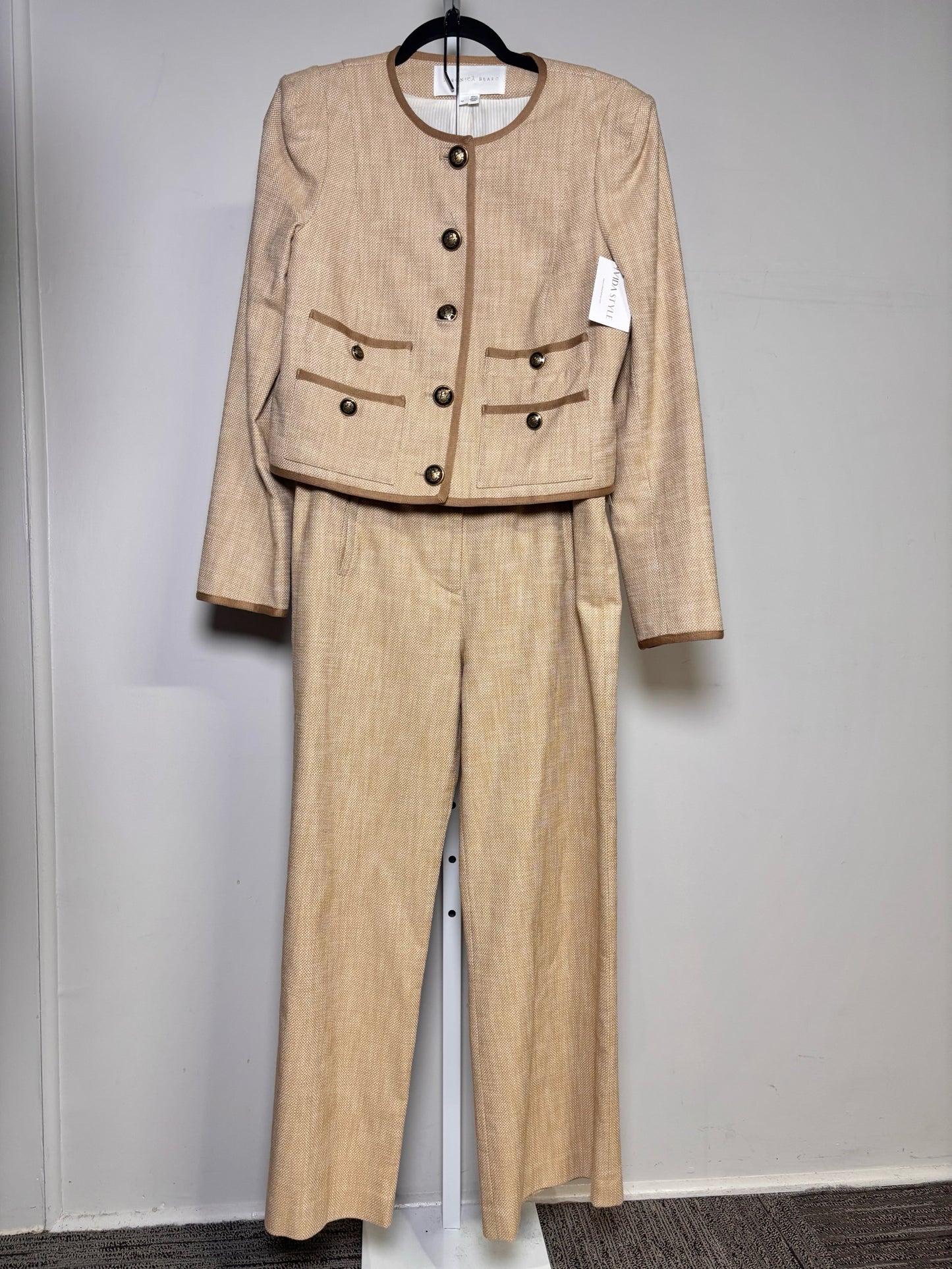 Women Size 10 Veronica Beard Tan Tweed Cotton Blend Wide Leg Pants Pre-Owned
