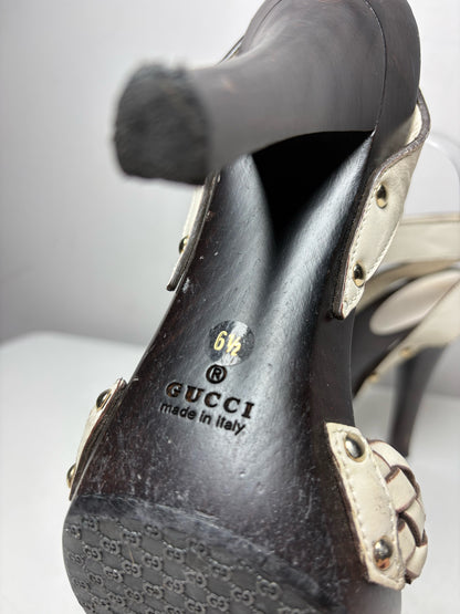 W Shoe Size 6.5 Gucci Brown, White Leather, Wood Women's Pre-owned Heels