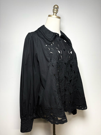 Women's Size M Farm Rio Black Eyelet Cotton Pre-Owned Puff Sleeve Blouse