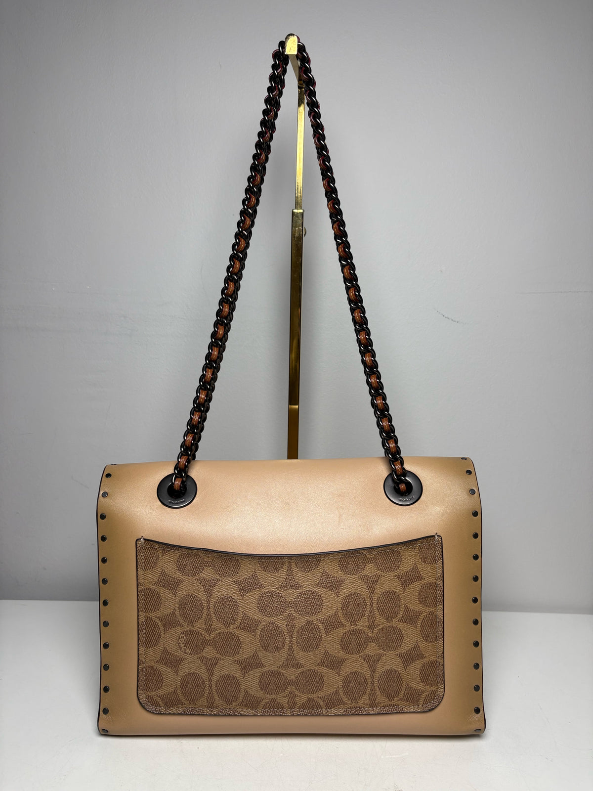Women's Coach Parker Rivets Snakeskin Print Monogram Leather Pre-Owned Shoulder Bag