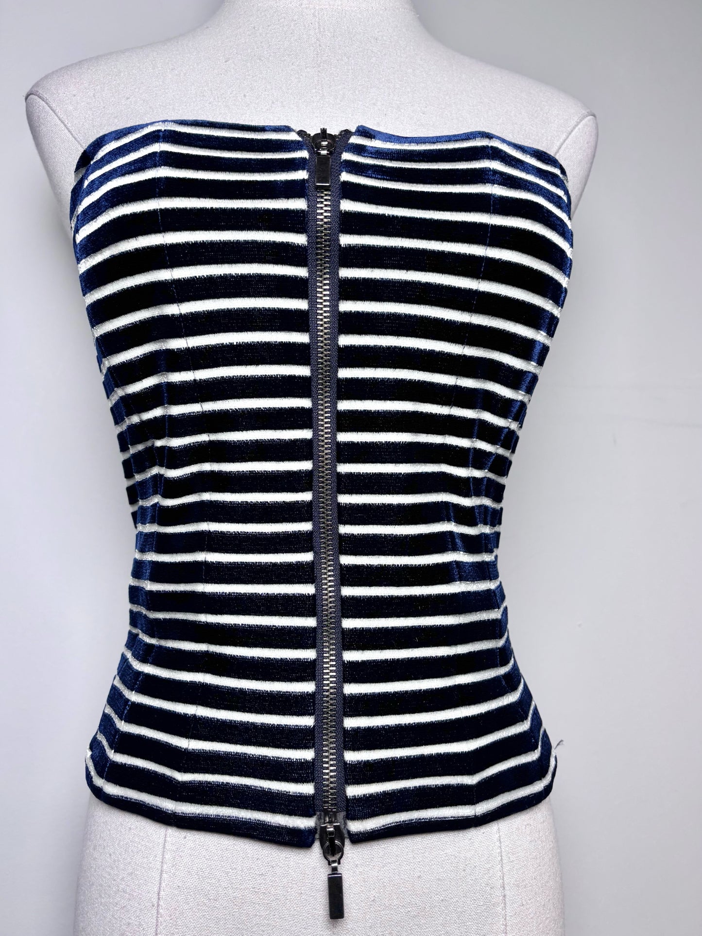 Women Size 4 (S) Giorgio Armani Blue, White Striped Bustier, Jacket Set