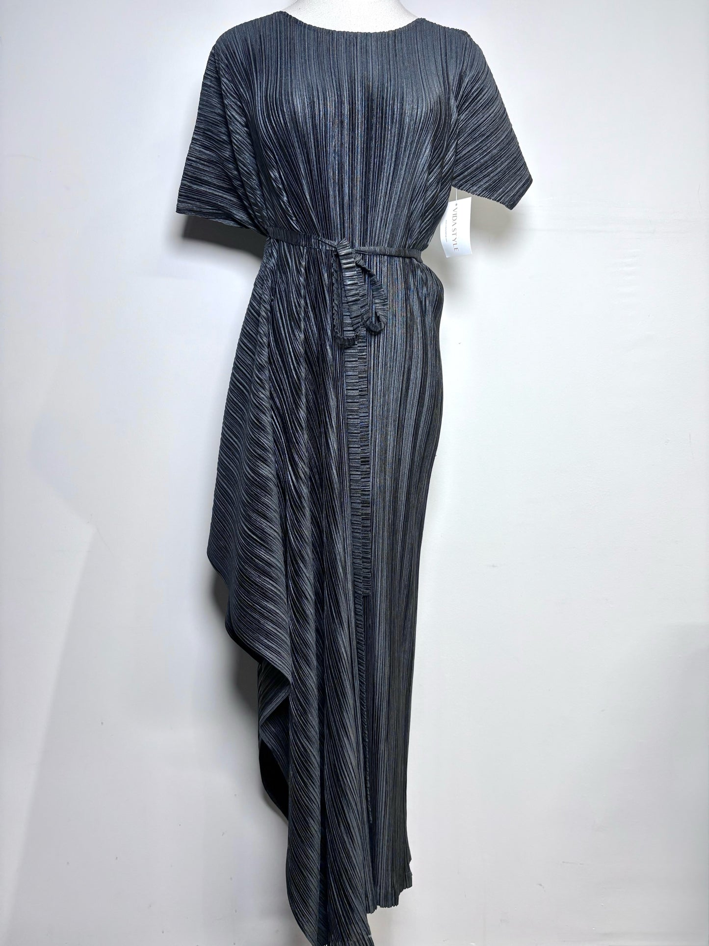 Women Size S Issey Miyake Black Vertical Pleats Maxi Side Slit Dress