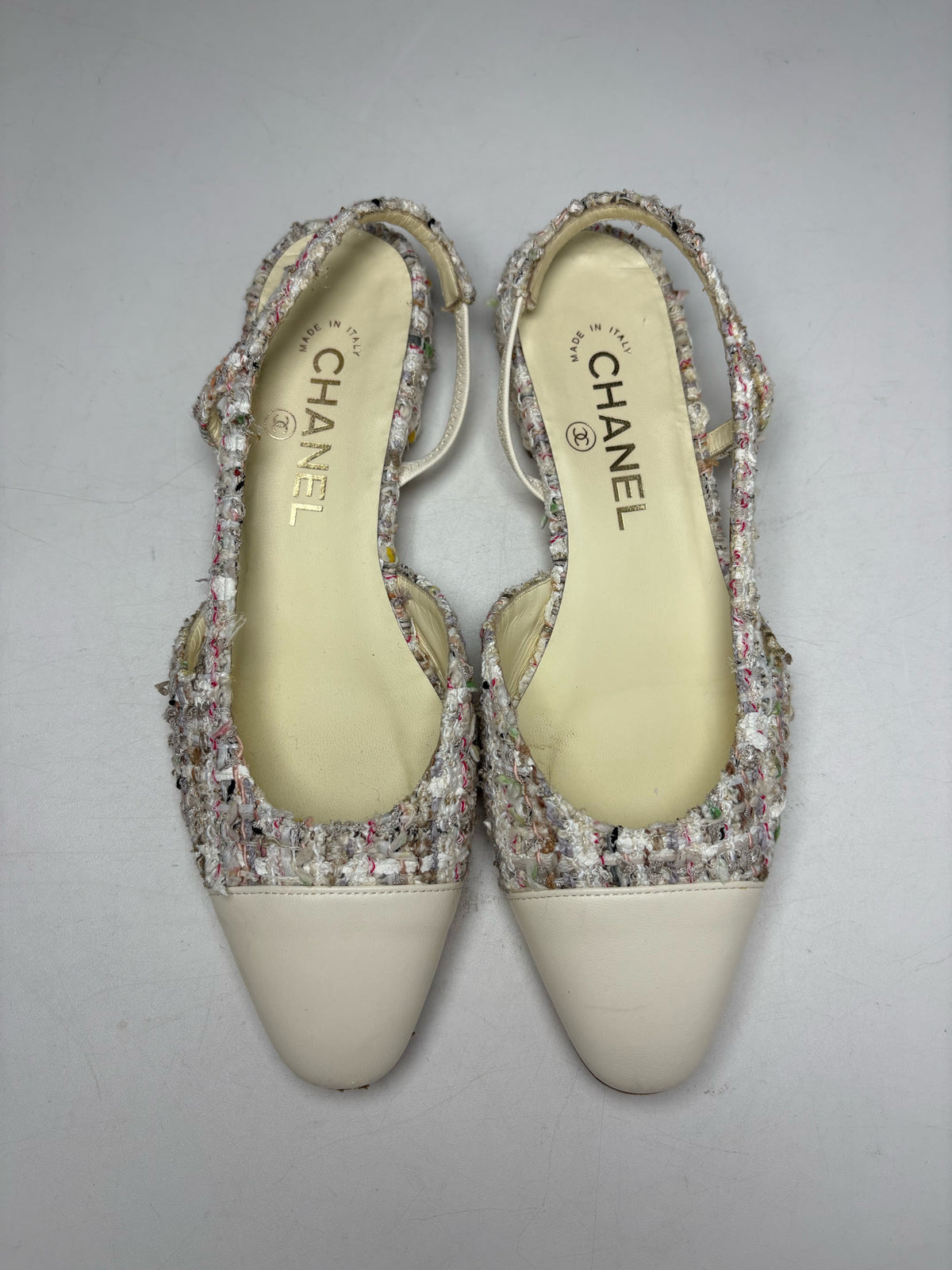 Women's Shoe Size 37.5 Chanel Cream Multicolor Tweed Lambskin Leather Pre-Owned Slingback Shoes