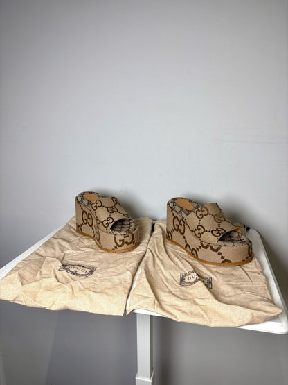 W Shoe Size 39 Gucci GG Beige, Brown Canvas Women's Pre-owned Wedge Slides