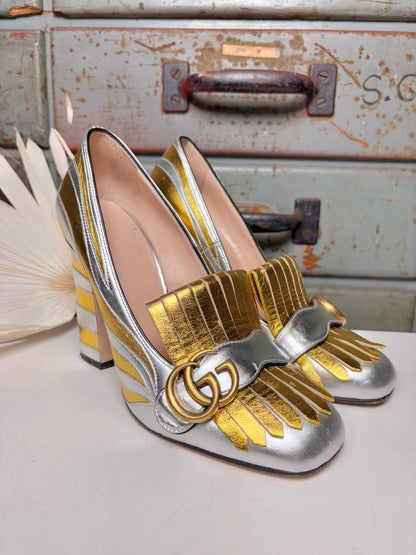 W Shoe Size 36.5 (6.5 US) Gucci Metallic Gold, Silver Leather Loafers