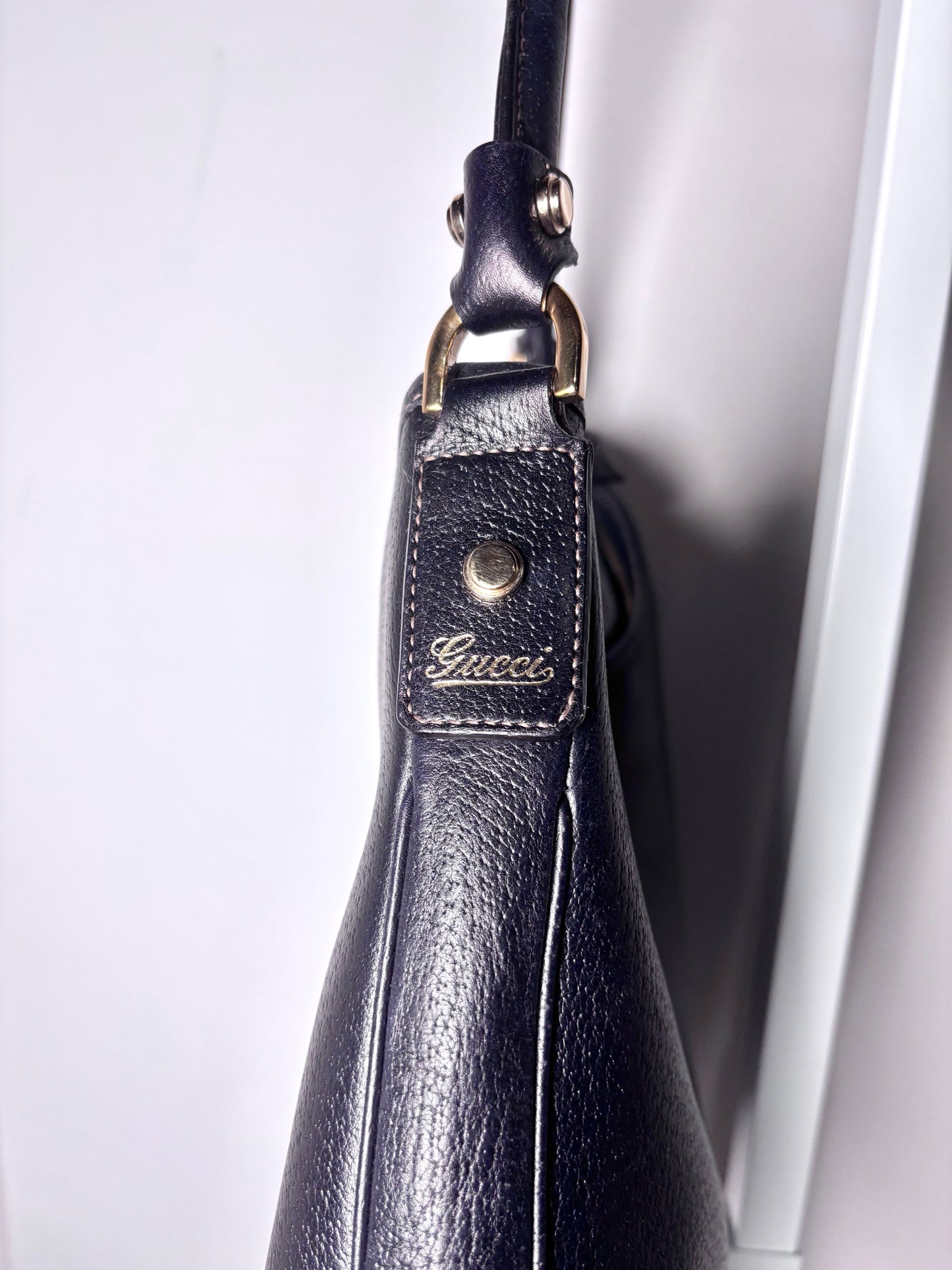 Gucci Abbey Hobo D-ring Vintage Leather Navy Blue Pre-owned Purse