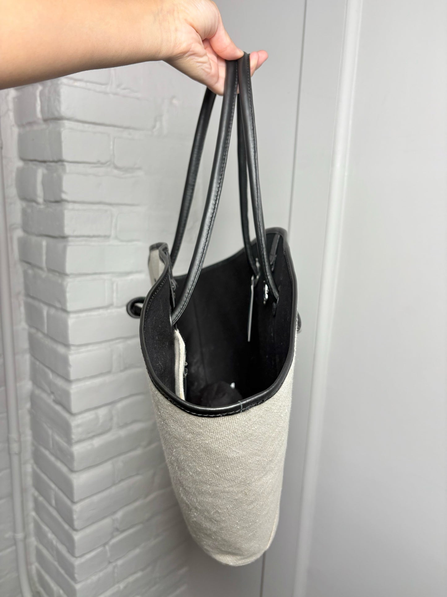 Anine Bing Logo Cotton Khaki Leather Trim Logo Taylin Tote