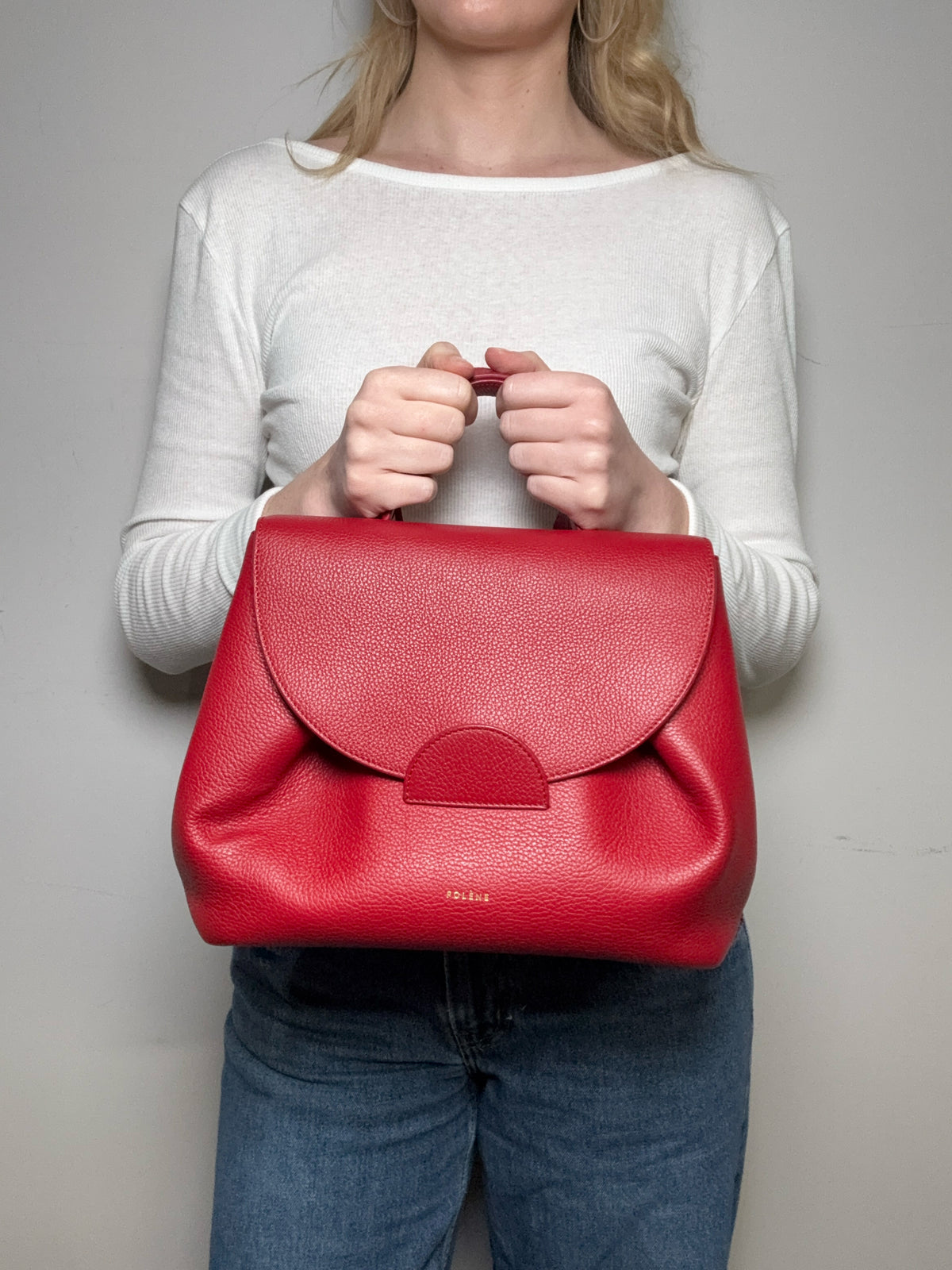 Women's Authentic Polène Numéro Un Red Pebbled Leather Pre-Owned Top Handle Crossbody Bag
