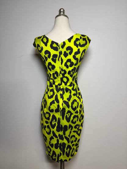Women Size 2 (S) Samantha Sung Neon Green, Black Leopard Spots 100% Cotton Dress