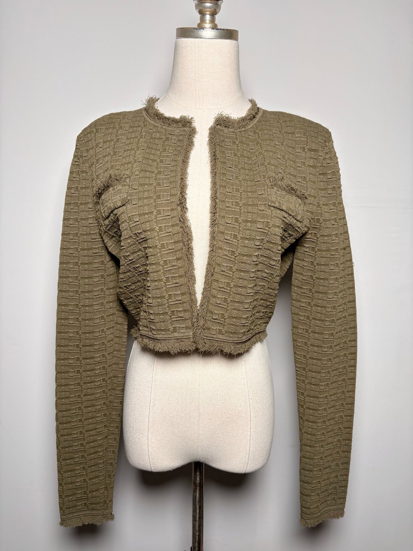 Women Size S Ronny Kobo Olive Green Puckered Cropped Jacket