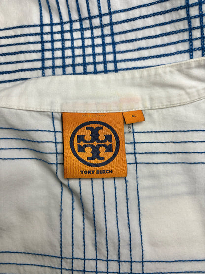 Women's Size 6 Tory Burch Blue & White Grid Print Cotton Pre-Owned Button-Up Top