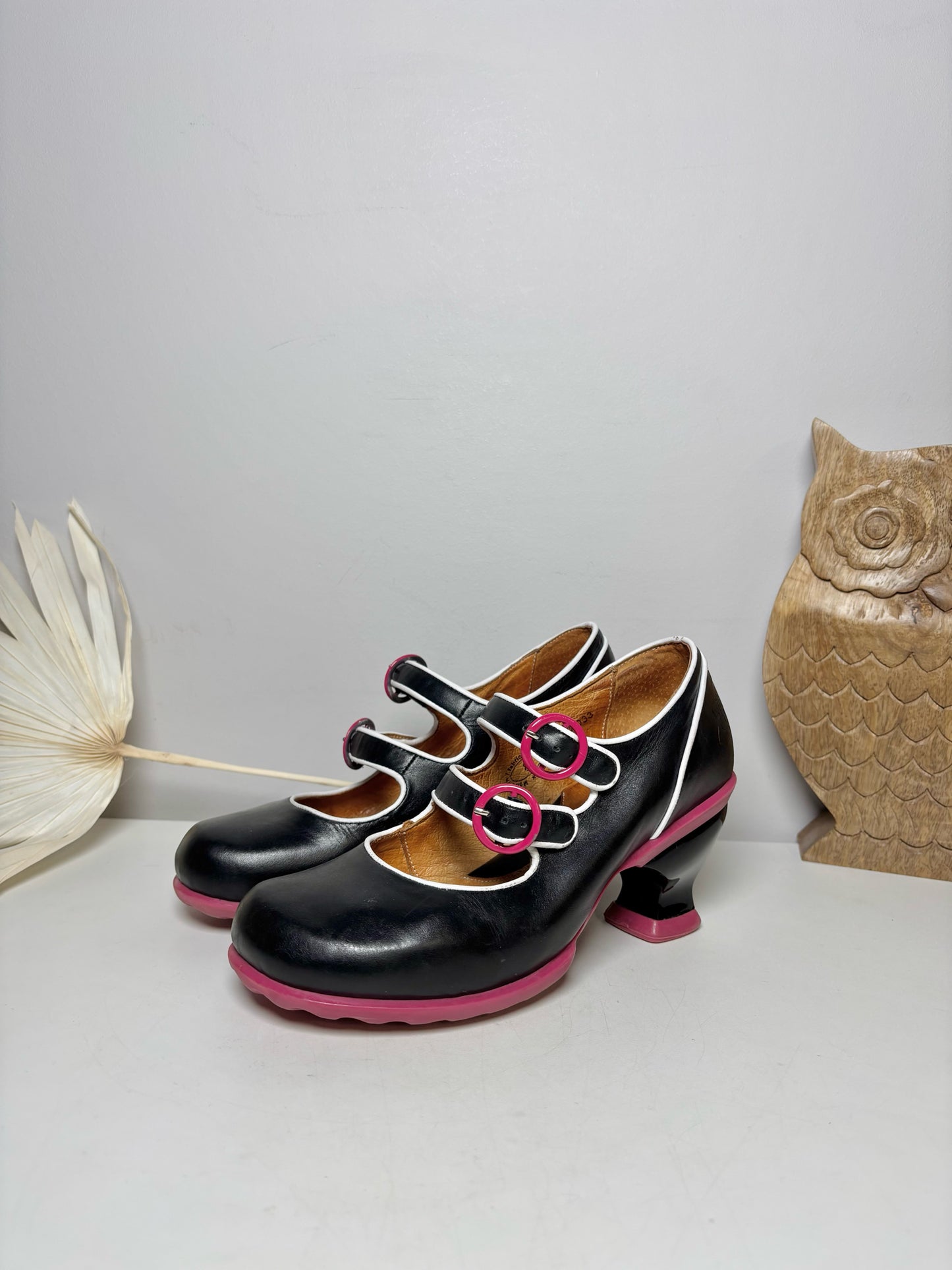 W Shoe Size 8 John Fluevog Black Leather Double Buckle Heels