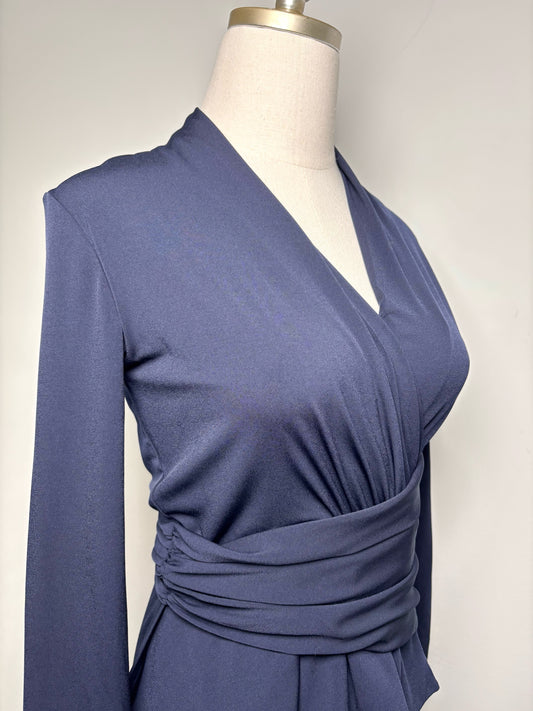 Women Size 6 The Fold London Navy Stretch Knit 3/4 Sleves Sheath Dress