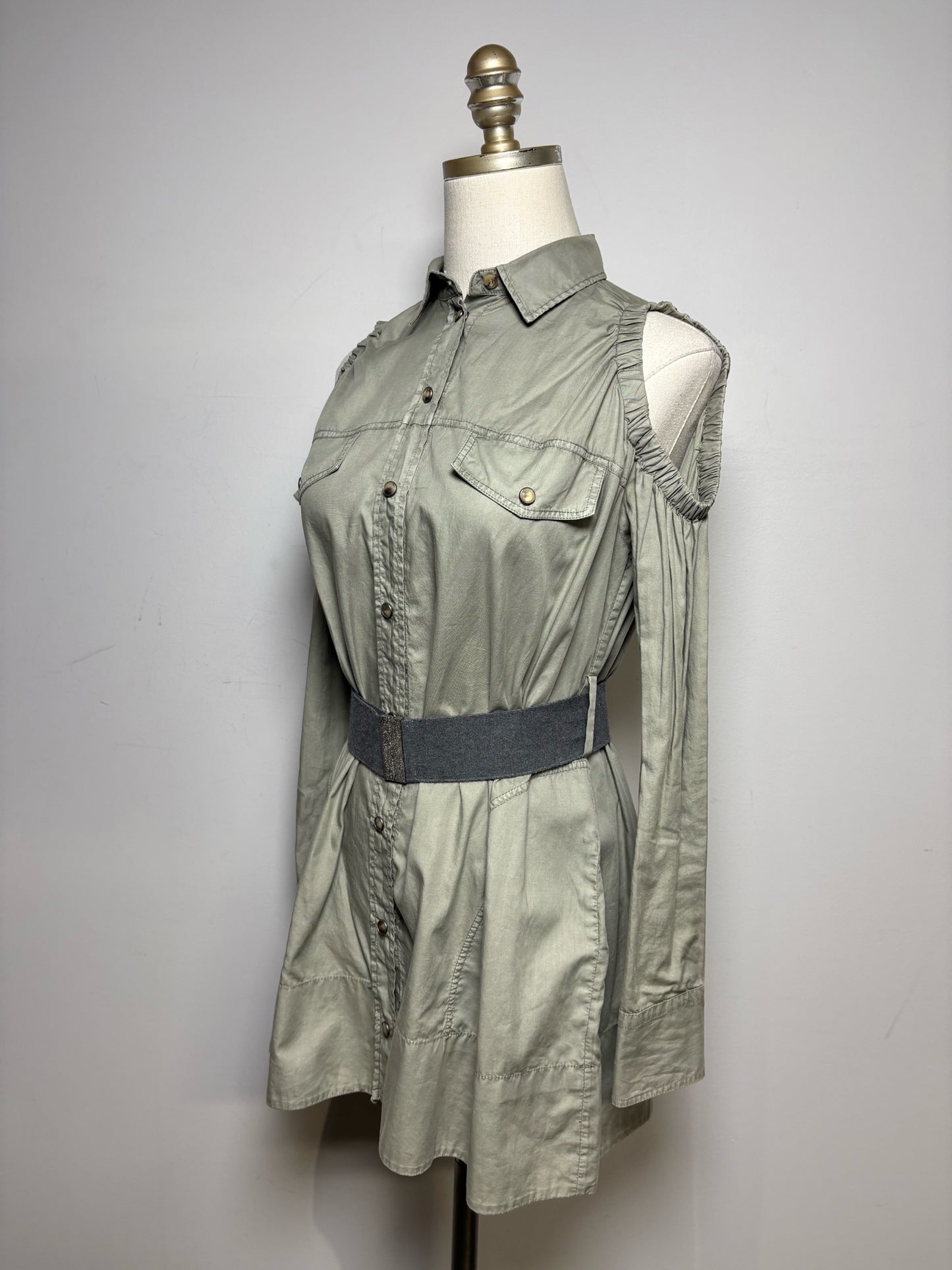 Women's Size XS Brunello Cucinelli Olive Green Pure Cotton Pre-Owned Cold Shoulder Shirt