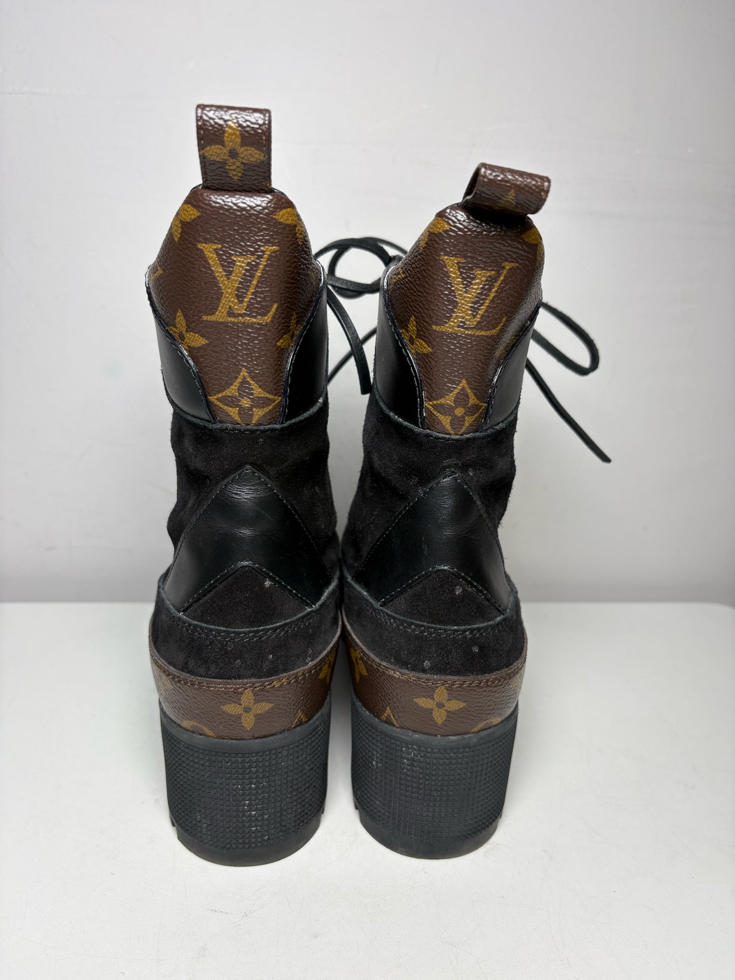 Women's Shoe Size 42 Authentic Louis Vuitton Laureate Black & Brown Leather Suede Pre-Owned Platform Desert Boots