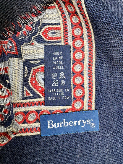 Burberrys' Paisley & Check Pure Wool Vintage RARE Pre-owned Square Navy Scarf