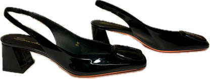 Santoni Black Leather Patent Slingback Heels, Sz 8.5