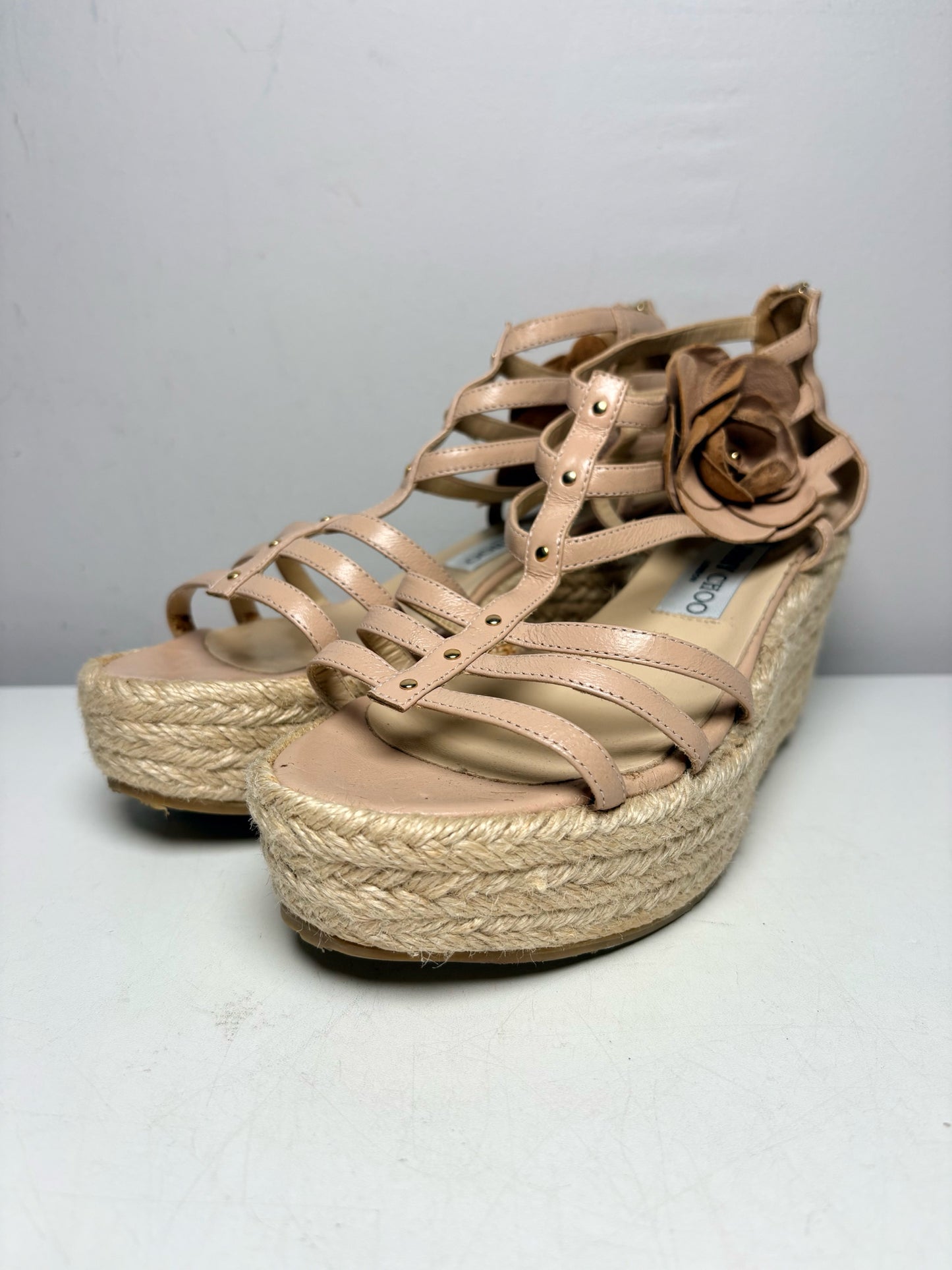 Women's Shoe Size 39 Jimmy Choo Pulse Cage Beige Leather Rare Pre-Owned Espadrille Wedge Sandals