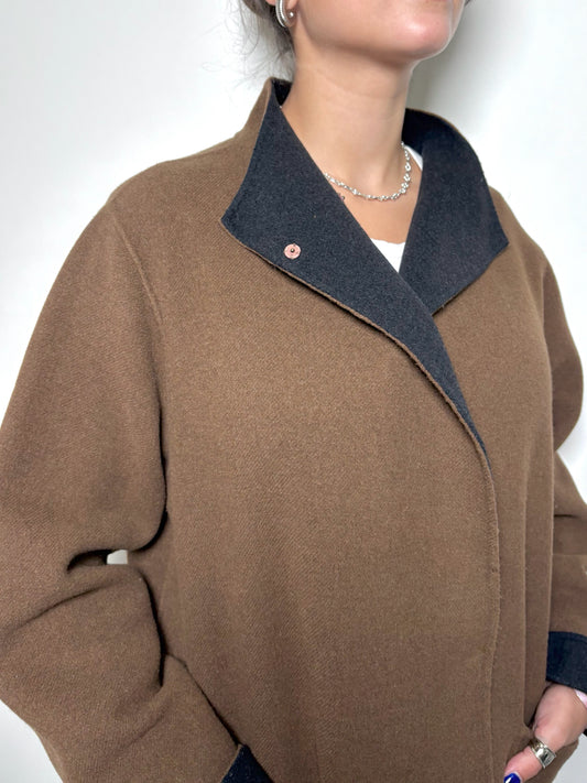Women Size L Eileen Fisher Brown, Black Solid Coat