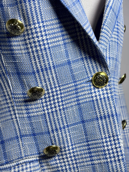 Women Size 10 Smythe Blue, White Plaid Cotton/Linen Pre-owned Jacket