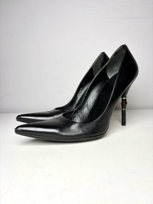 W Shoe Size 6.5 Gucci Black Leather Horn/Tortoise Pre-owned Heels