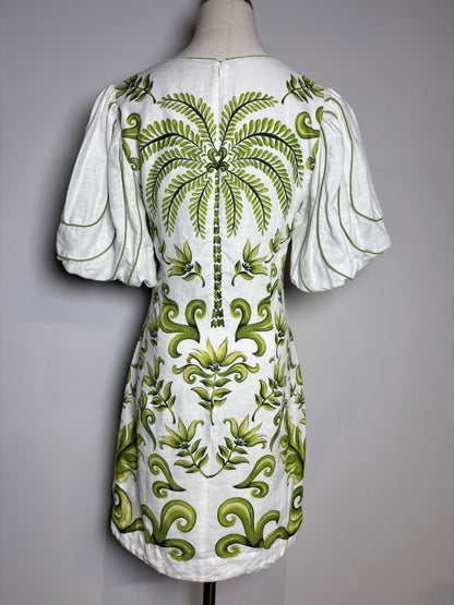 Pre Owned Size S Farm Rio White, Green Filigree Design Linen Women's Linen Dress