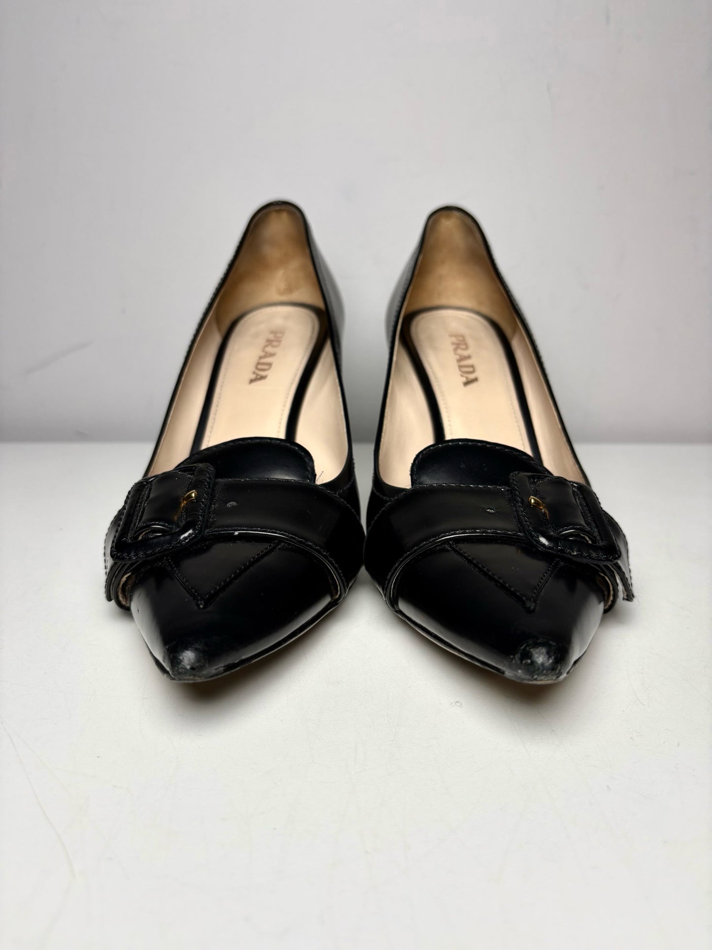W Shoe Size 38.5 Prada Black Leather Genuine Leather Women's Vintage Heels