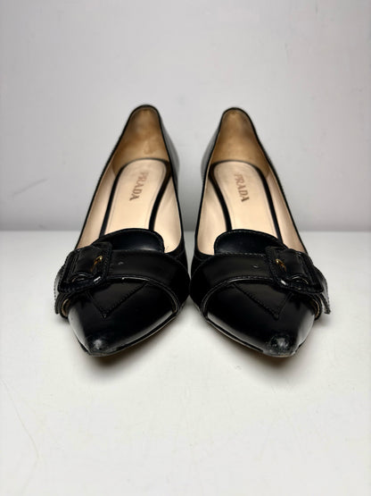 W Shoe Size 38.5 Prada Black Leather Genuine Leather Women's Vintage Heels