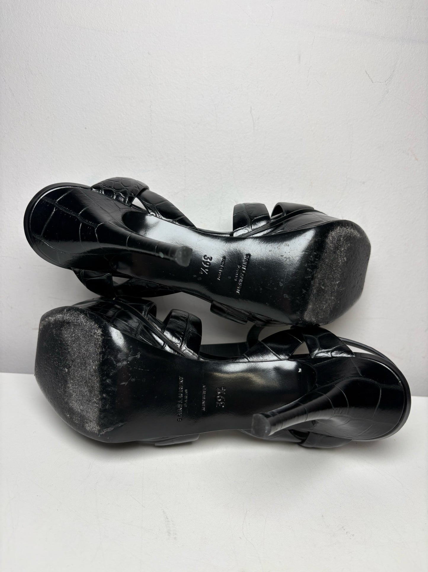 Women's Size 39.5 Authentic Yves Saint Laurent Tribute Black Croc-Embossed Leather Pre-Owned Heels