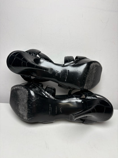 Women's Size 39.5 Authentic Yves Saint Laurent Tribute Black Croc-Embossed Leather Pre-Owned Heels