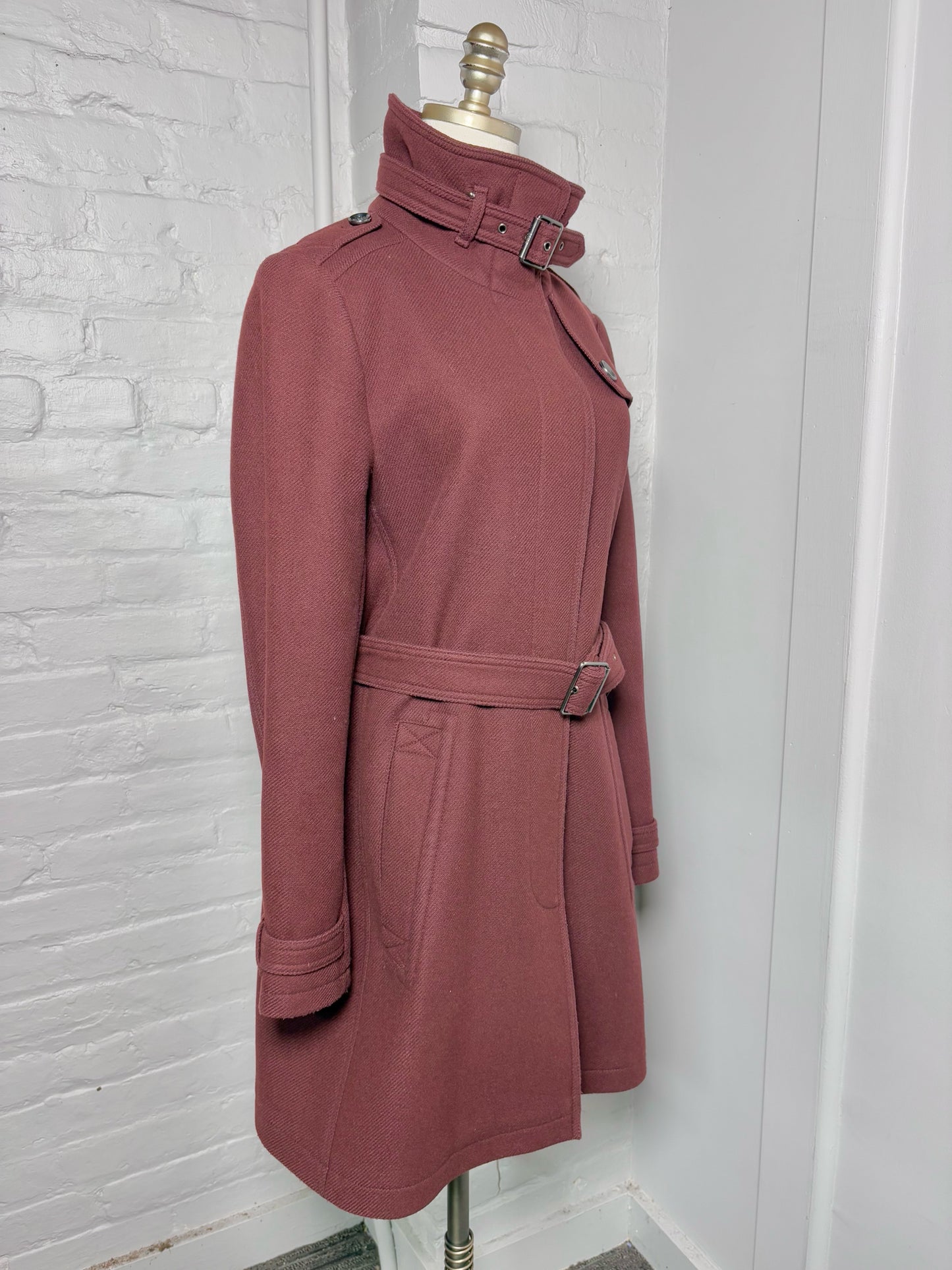 Women Size 14 Burberry Brit Burgundy Wool Blend Belted Coat