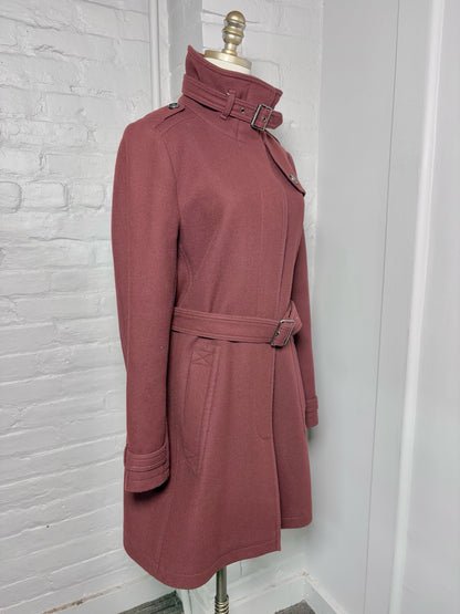 Women Size 14 Burberry Brit Burgundy Wool Blend Belted Coat