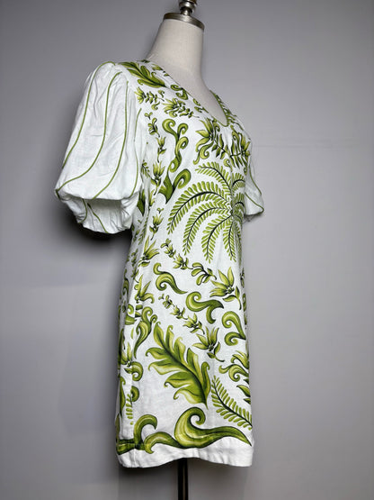 Pre Owned Size S Farm Rio White, Green Filigree Design Linen Women's Linen Dress