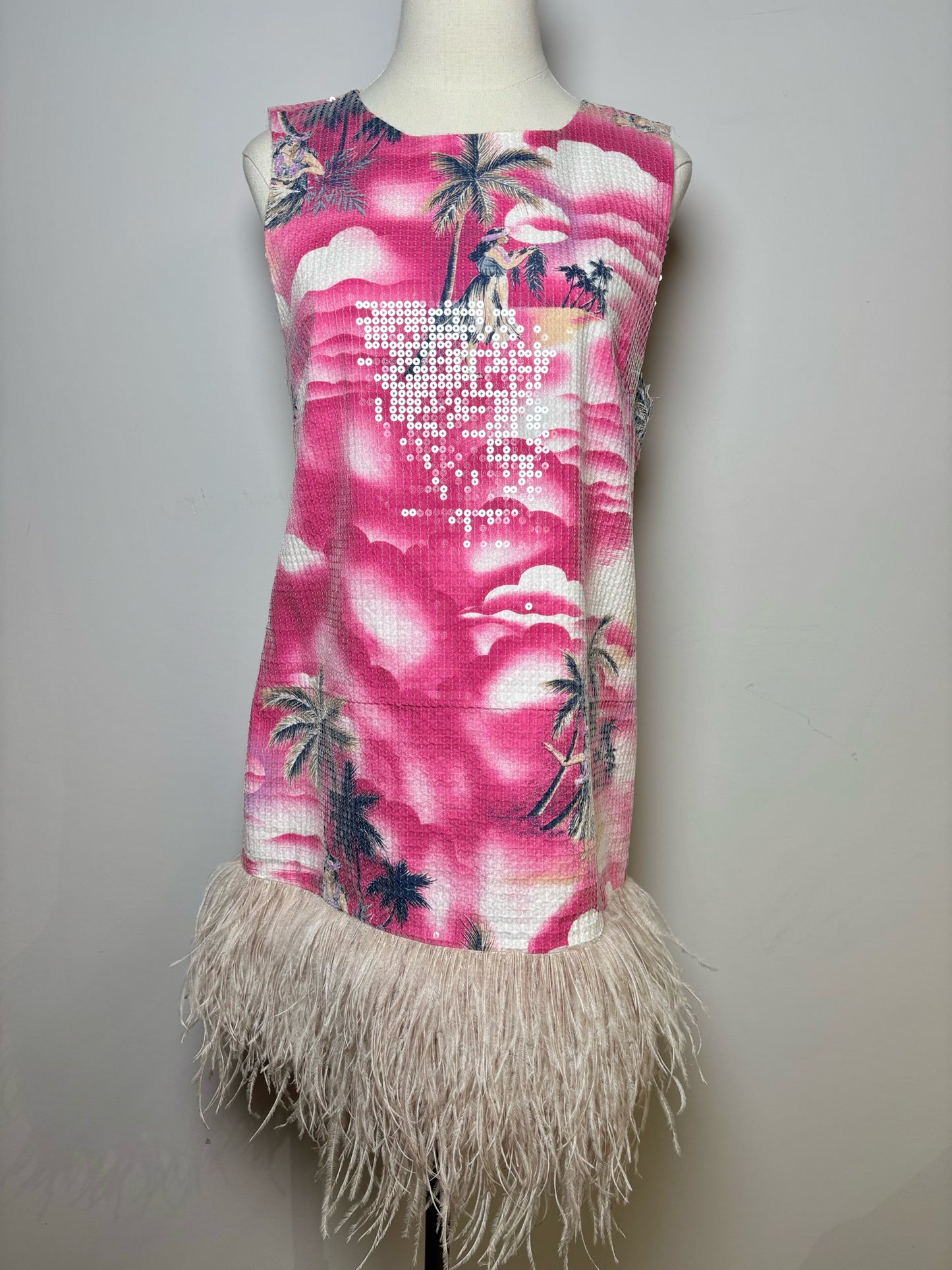 Women Size M Le Superbe Pink Sequins Palm Trees Hula Girl Dress