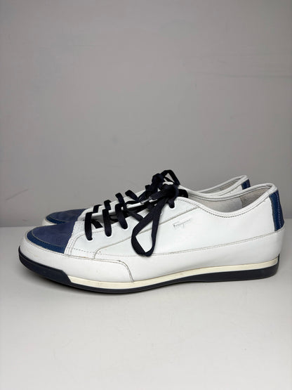 Salvatore Ferragamo White, Blue Leather Colorblock Men's Pre-owned 11 Sneakers