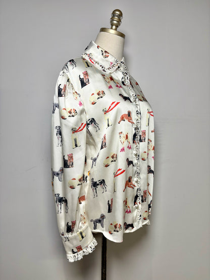 Women's Size 8 Manoush Cream Black & Orange Dog Print Pre-Owned Blouse
