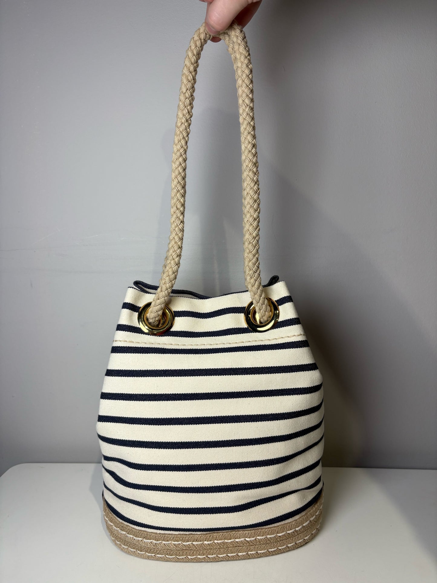 Prada Mariner Canvas Medium Bucket Bag Stripe Cream Pre-owned Purse