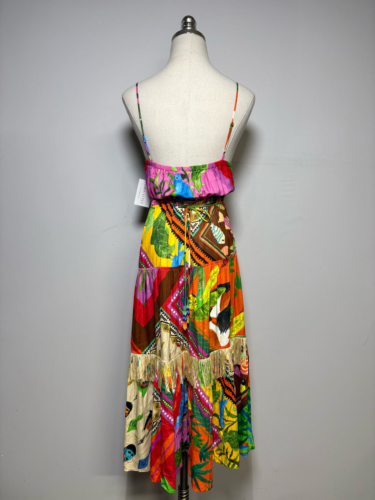 Women Size S Farm Rio Palila Tropical Pre-Owned Fringed Midi Dress