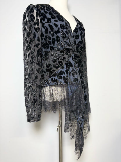 Women Size 8 Self-Portrait Black Lace, Textured Peplum Top