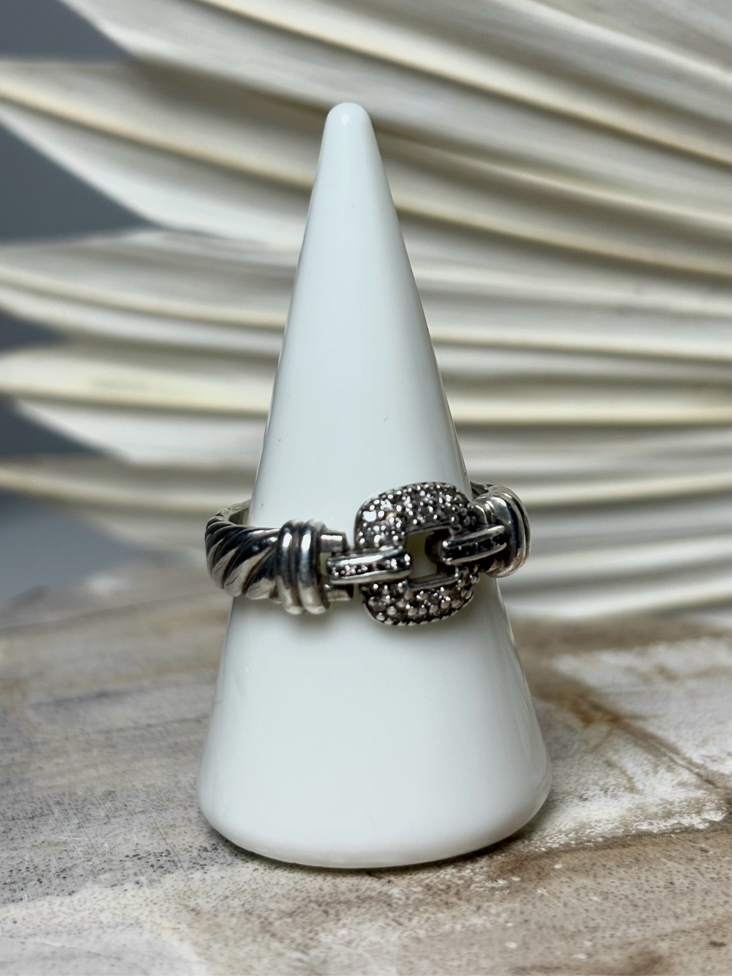 David Yurman Diamond Sterling Silver Buckle Sz. 7.5 Ring