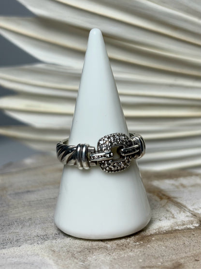 David Yurman Diamond Sterling Silver Buckle Sz. 7.5 Ring