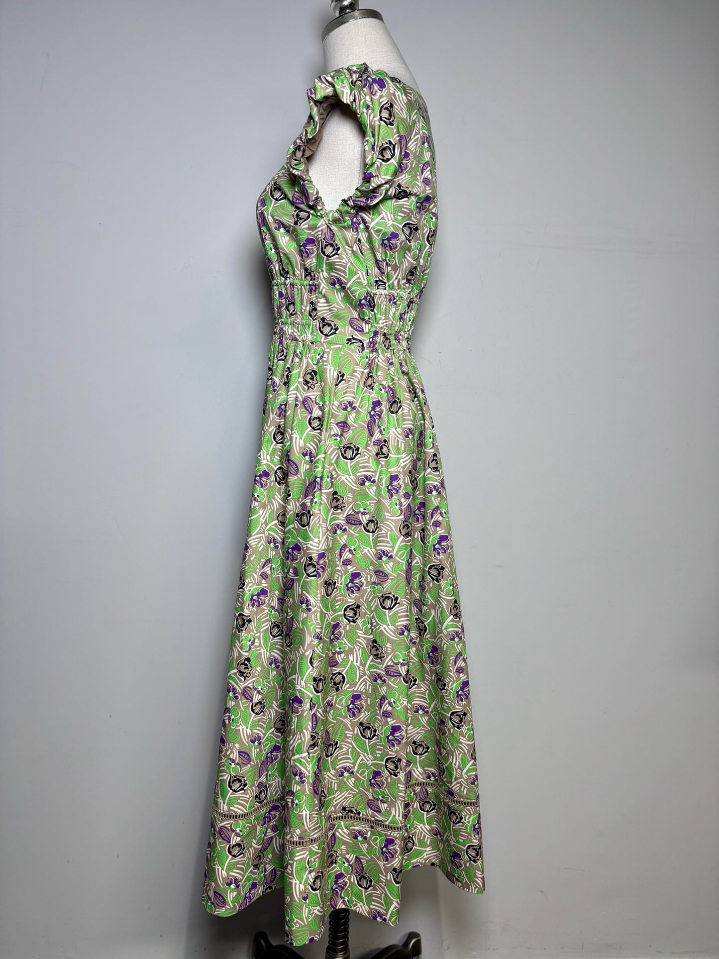 Women Size 4 Tory Burch Brown, Green Floral Pure Cotton Women's Pre-owned Dress